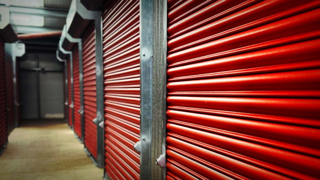 Isle of Man business park red secure storage unit doors